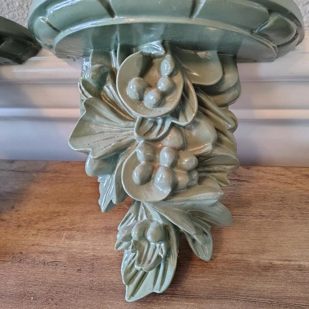 2 Resin Floral Botanical Sconce Shelves Wall Decor Ornate Shelf Pair Green